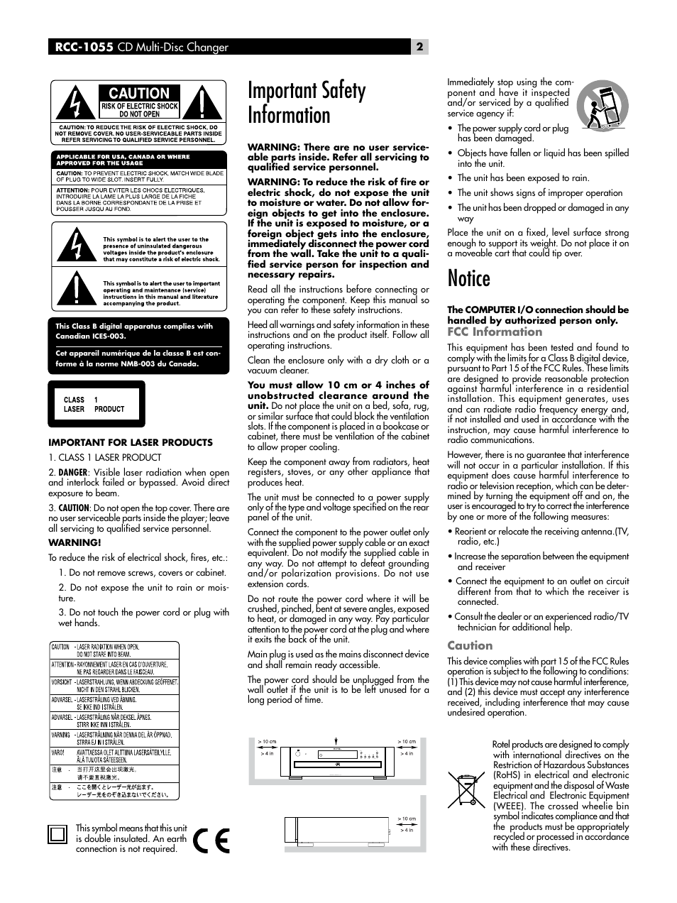 Important safety information, Notice | ROTEL CD Multi-Disc Changer RCC-1055 User Manual | Page 2 / 86