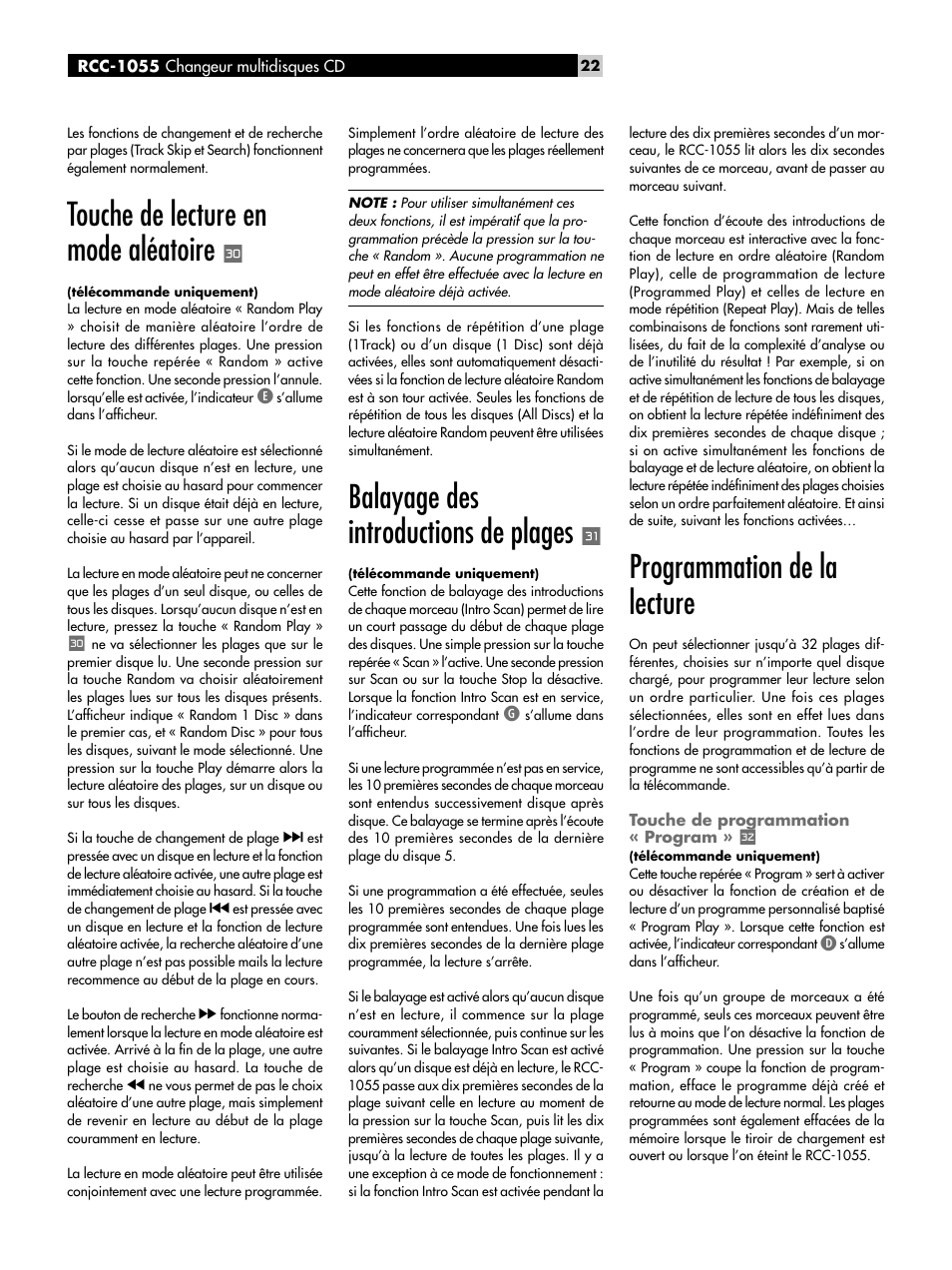 Touche de lecture en mode aléatoire, Balayage des introductions de plages, Programmation de la lecture | Touche de programmation « program | ROTEL CD Multi-Disc Changer RCC-1055 User Manual | Page 22 / 86