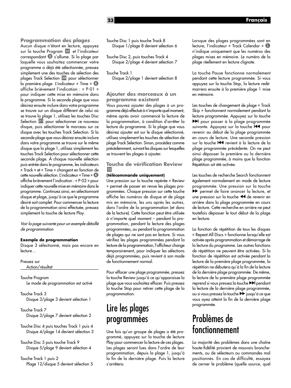 Programmation des plages, Ajouter des morceaux à un programme existant, Touche de vériﬁcation review | Lire les plages programmées, Problèmes de fonctionnement | ROTEL CD Multi-Disc Changer RCC-1055 User Manual | Page 23 / 86