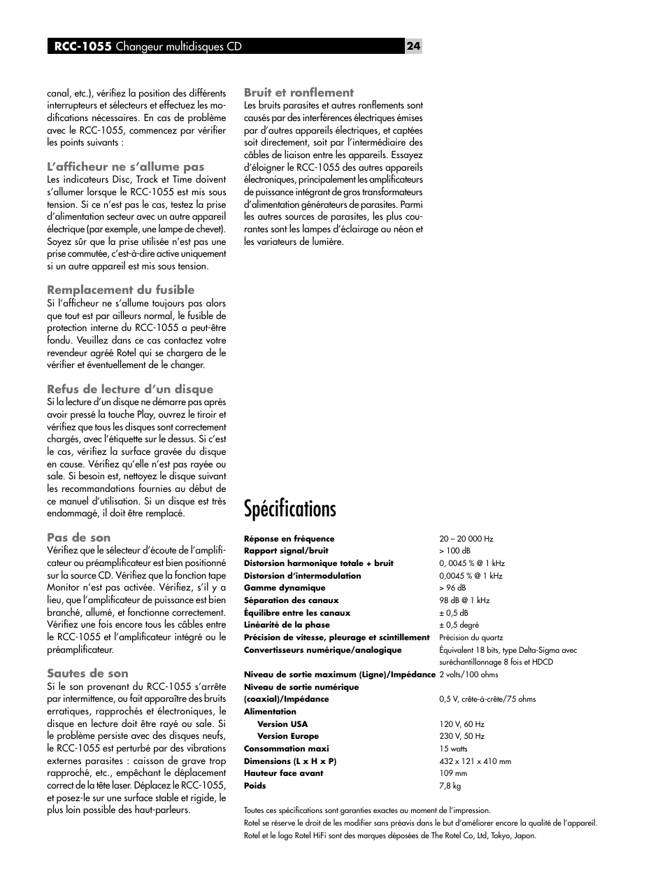 L’afﬁcheur ne s’allume pas, Remplacement du fusible, Refus de lecture d’un disque | Pas de son, Sautes de son, Bruit et ronﬂement, Spéciﬁcations, Rcc-1055 changeur multidisques cd | ROTEL CD Multi-Disc Changer RCC-1055 User Manual | Page 24 / 86