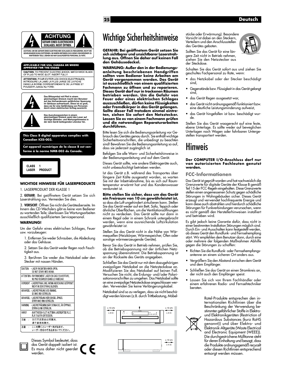 Wichtige sicherheitshinweise, Hinweis, Achtung | Deutsch, Fcc-informationen | ROTEL CD Multi-Disc Changer RCC-1055 User Manual | Page 25 / 86