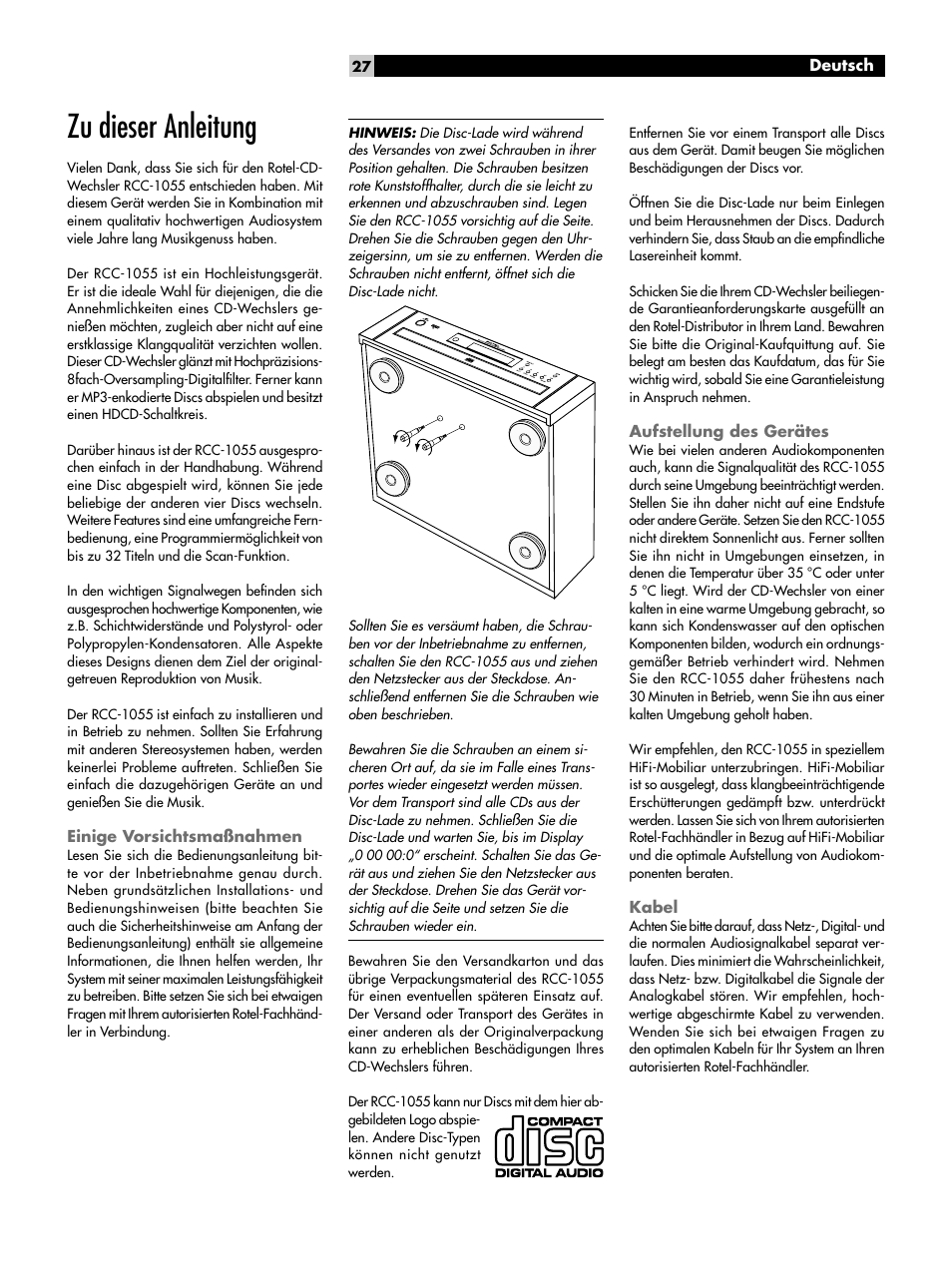 Zu dieser anleitung, Einige vorsichtsmaßnahmen, Aufstellung des gerätes | Kabel | ROTEL CD Multi-Disc Changer RCC-1055 User Manual | Page 27 / 86