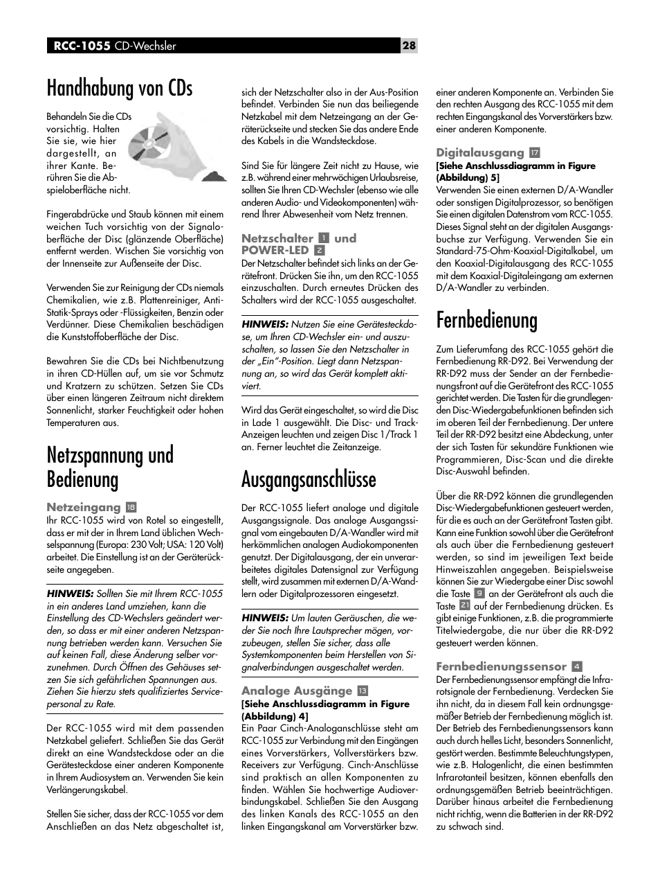 Handhabung von cds, Netzspannung und bedienung, Netzeingang | Netzschalter, Und power-led, Ausgangsanschlüsse, Analoge ausgänge, Digitalausgang, Fernbedienung, Fernbedienungssensor | ROTEL CD Multi-Disc Changer RCC-1055 User Manual | Page 28 / 86