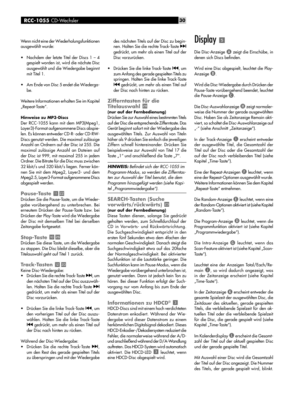 Pause-taste, Stop-taste, Track-tasten | Zifferntasten für die titelauswahl, Search-tasten (suche vorwärts/rückwärts), Informationen zu hdcd, Display | ROTEL CD Multi-Disc Changer RCC-1055 User Manual | Page 30 / 86