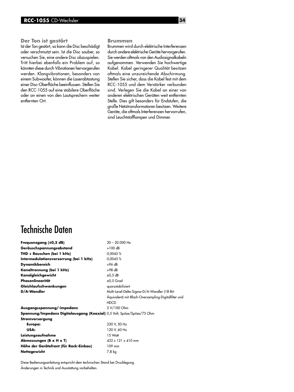 Der ton ist gestört, Brummen, Technische daten | Rcc-1055 cd-wechsler der ton ist gestört | ROTEL CD Multi-Disc Changer RCC-1055 User Manual | Page 34 / 86