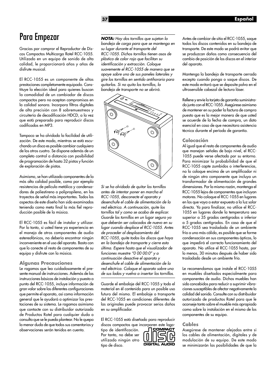 Manejo de discos compactos, Alimentación y control, Para empezar | ROTEL CD Multi-Disc Changer RCC-1055 User Manual | Page 37 / 86