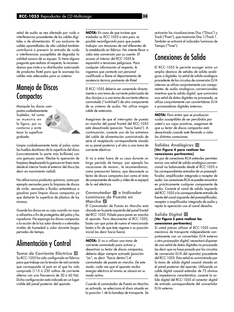 Conmutador, E indicador luminoso de puesta en, Conexiones de salida | Salidas analógicas, Salida digital, Mando a distancia, Sensor de control remoto, Entrada para control remoto externo, Manejo de discos compactos, Alimentación y control | ROTEL CD Multi-Disc Changer RCC-1055 User Manual | Page 38 / 86