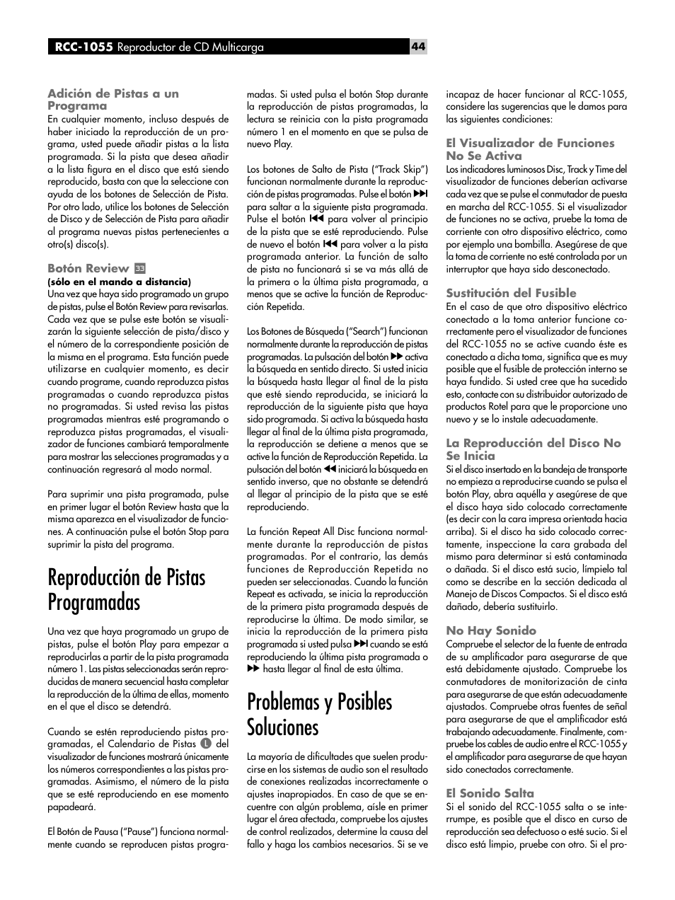 No hay sonido, El sonido salta, Zumbido | Reproducción de pistas programadas, Problemas y posibles soluciones | ROTEL CD Multi-Disc Changer RCC-1055 User Manual | Page 44 / 86