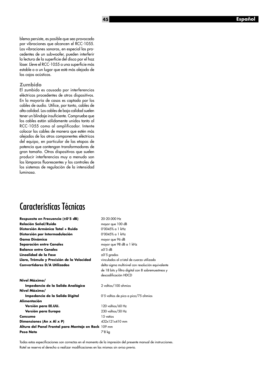 Características técnicas, Español, Zumbido | ROTEL CD Multi-Disc Changer RCC-1055 User Manual | Page 45 / 86