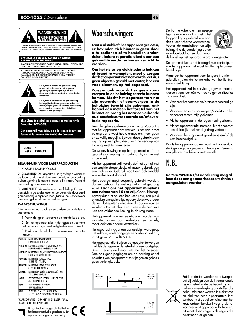 Waarschuwingen, Waarschuwing, Rcc-1055 cd-wisselaar | ROTEL CD Multi-Disc Changer RCC-1055 User Manual | Page 46 / 86