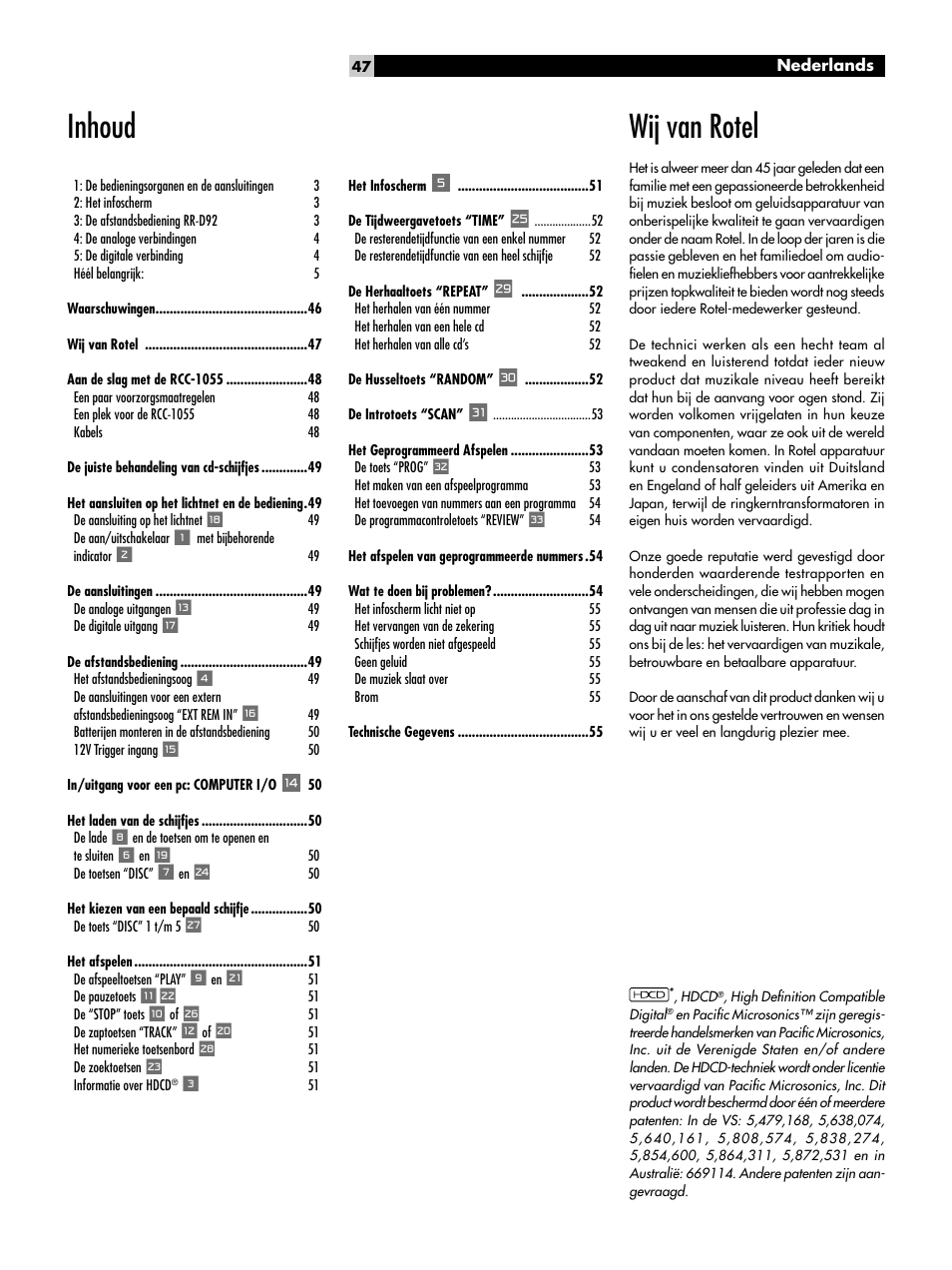 Wij van rotel, Inhoud | ROTEL CD Multi-Disc Changer RCC-1055 User Manual | Page 47 / 86
