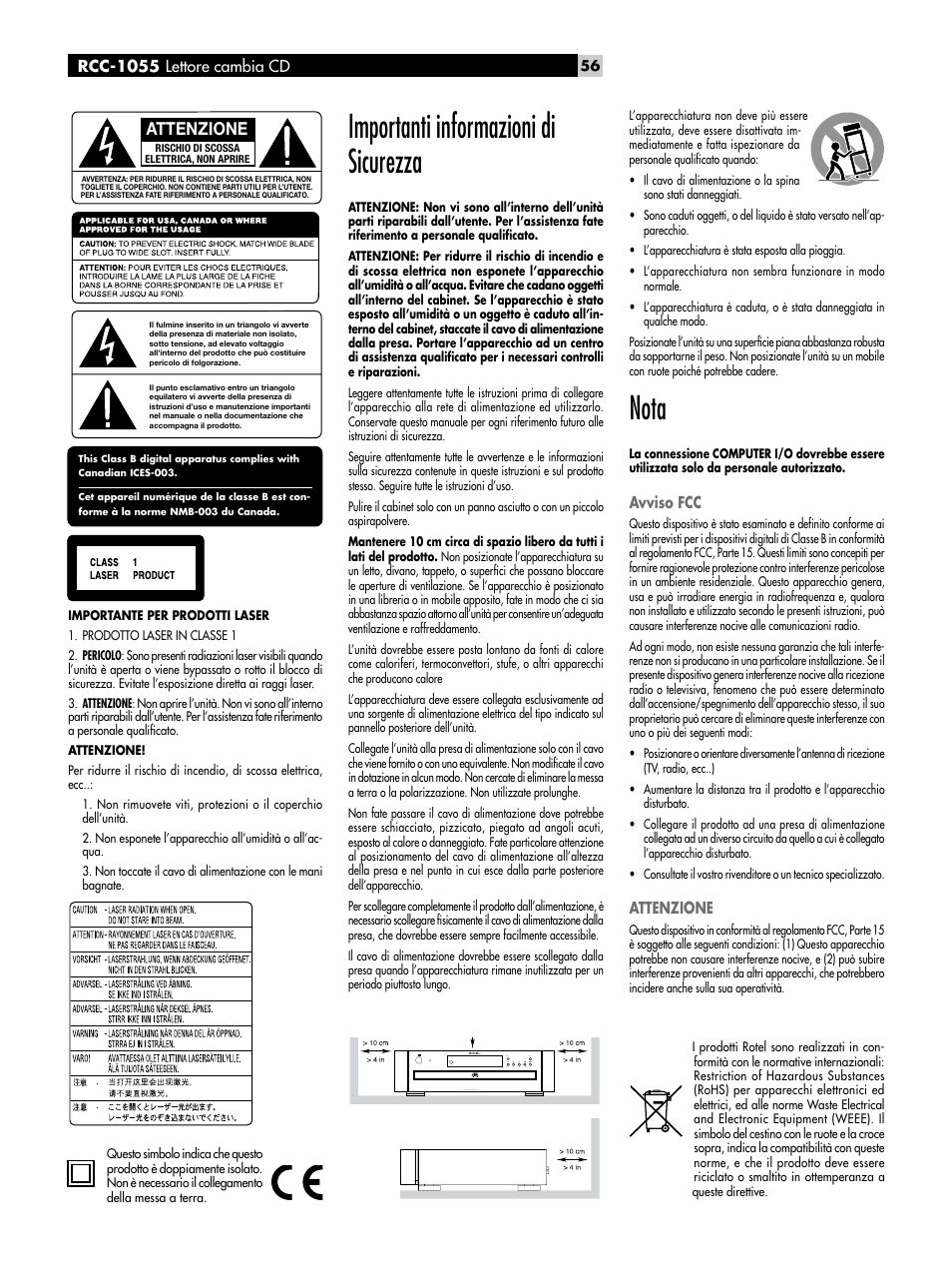 Importanti informazioni di sicurezza, Nota, Rcc-1055 lettore cambia cd | Avviso fcc, Attenzione | ROTEL CD Multi-Disc Changer RCC-1055 User Manual | Page 56 / 86