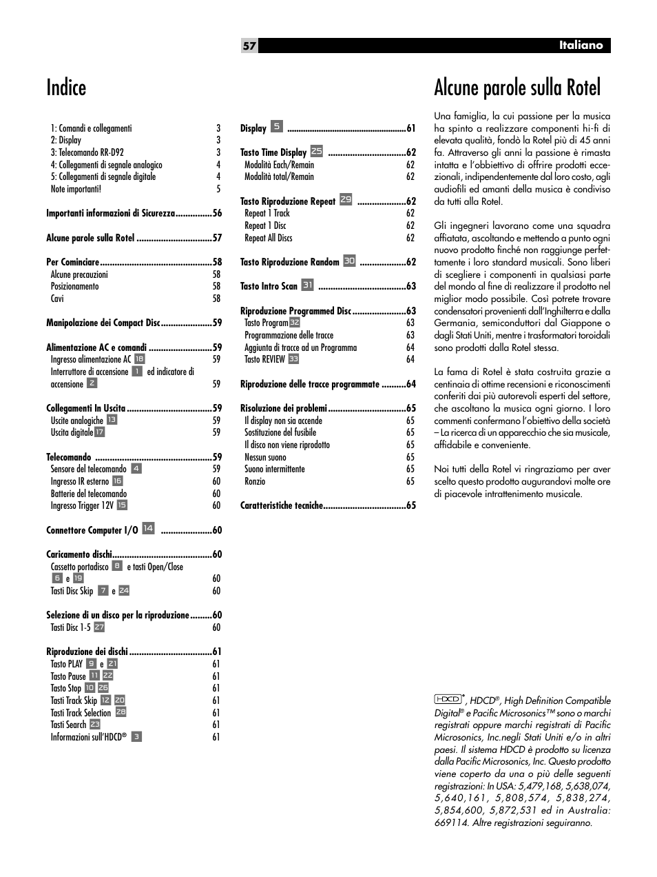 Alcune parole sulla rotel, Indice | ROTEL CD Multi-Disc Changer RCC-1055 User Manual | Page 57 / 86