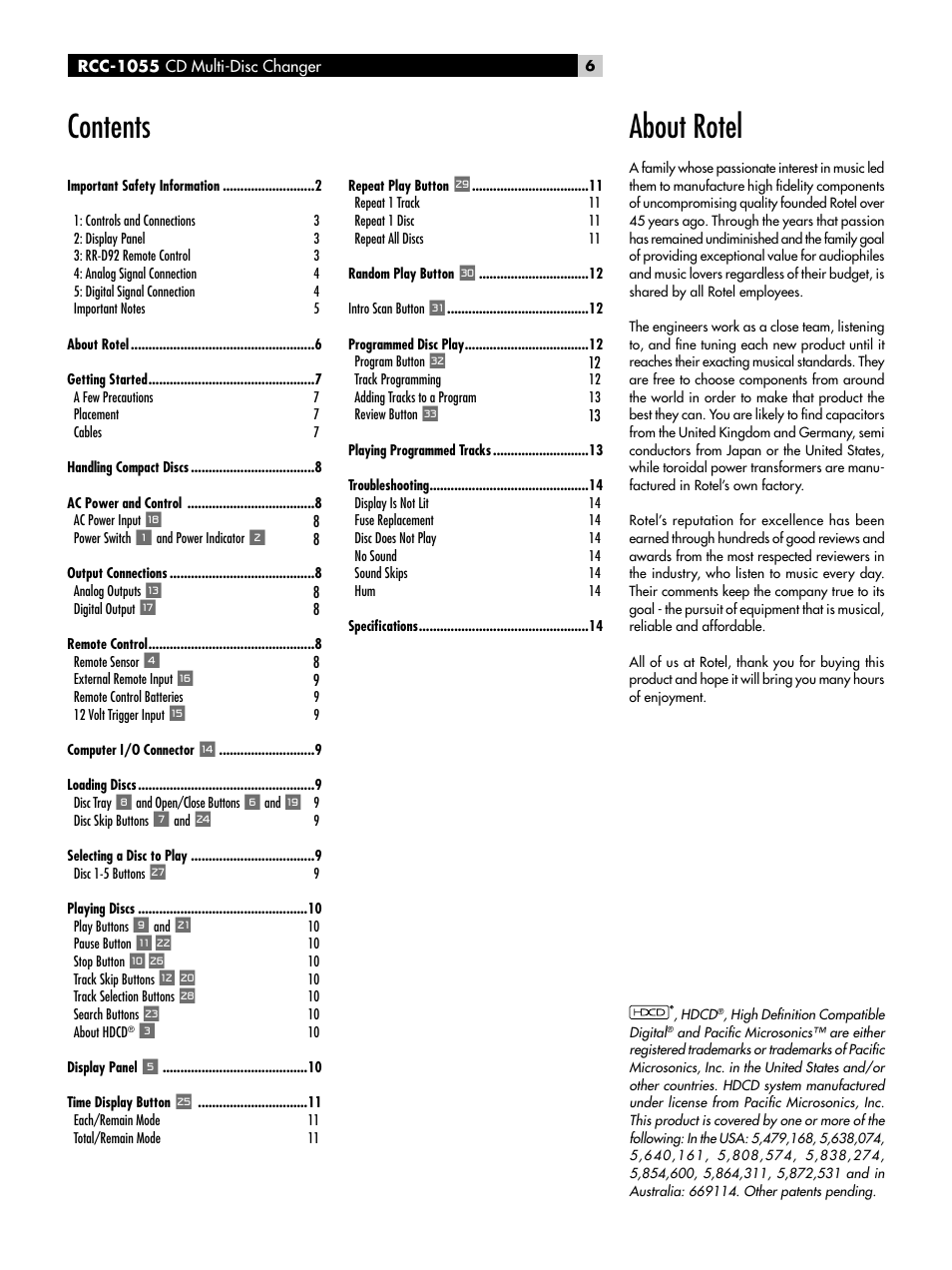 ROTEL CD Multi-Disc Changer RCC-1055 User Manual | Page 6 / 86