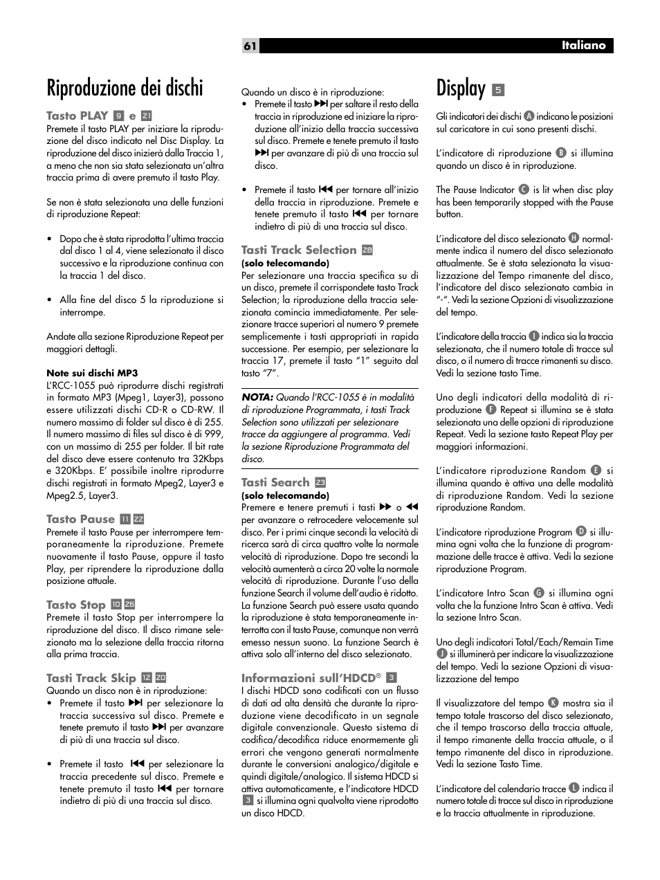 Tasto pause, Tasto stop, Tasti track skip | Tasti track selection, Tasti search, Informazioni sull’hdcd, Display, Riproduzione dei dischi | ROTEL CD Multi-Disc Changer RCC-1055 User Manual | Page 61 / 86