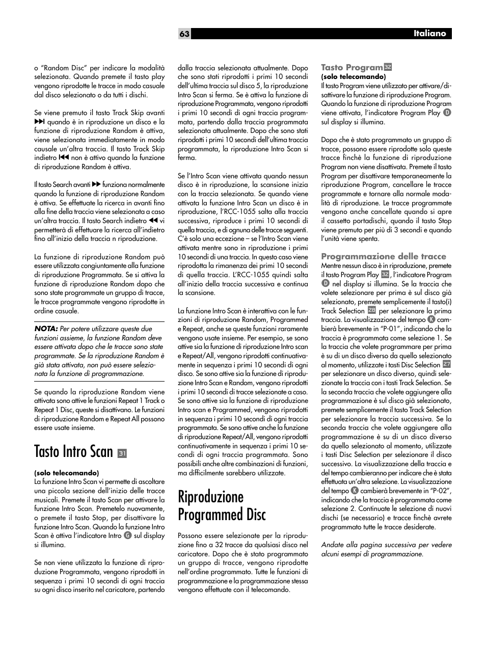 Tasto intro scan, Riproduzione programmed disc, Tasto program | Programmazione delle tracce | ROTEL CD Multi-Disc Changer RCC-1055 User Manual | Page 63 / 86