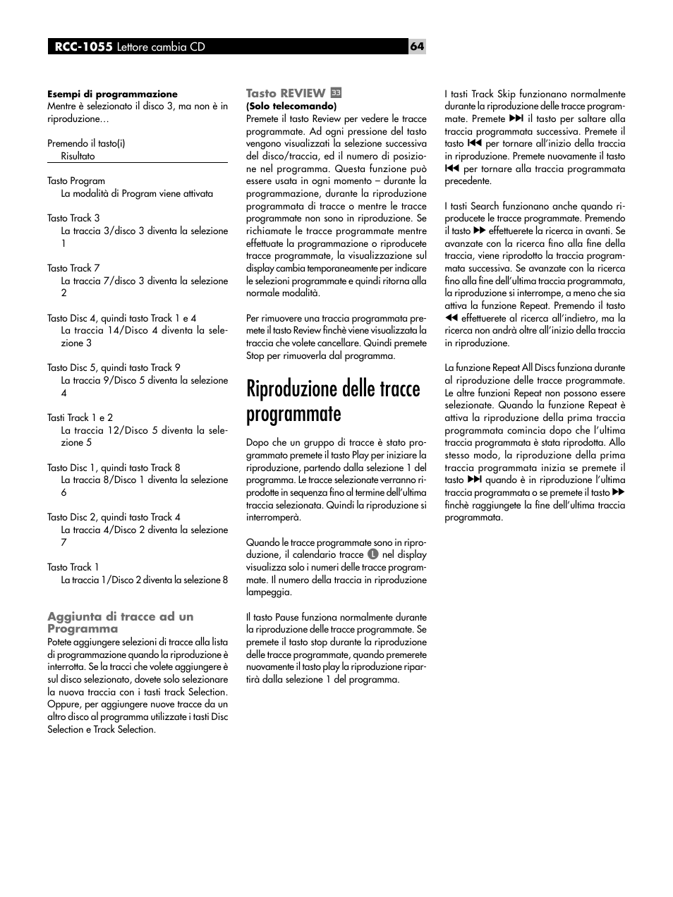 Aggiunta di tracce ad un programma, Tasto review, Riproduzione delle tracce programmate | ROTEL CD Multi-Disc Changer RCC-1055 User Manual | Page 64 / 86