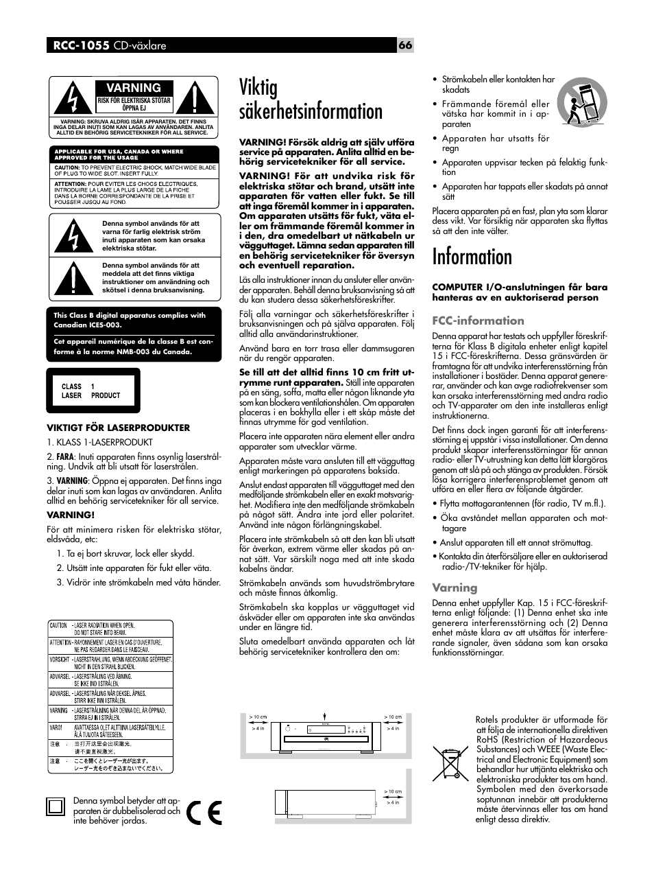 Viktig säkerhetsinformation, Information, Rcc-1055 cd-växlare | Fcc-information, Varning | ROTEL CD Multi-Disc Changer RCC-1055 User Manual | Page 66 / 86