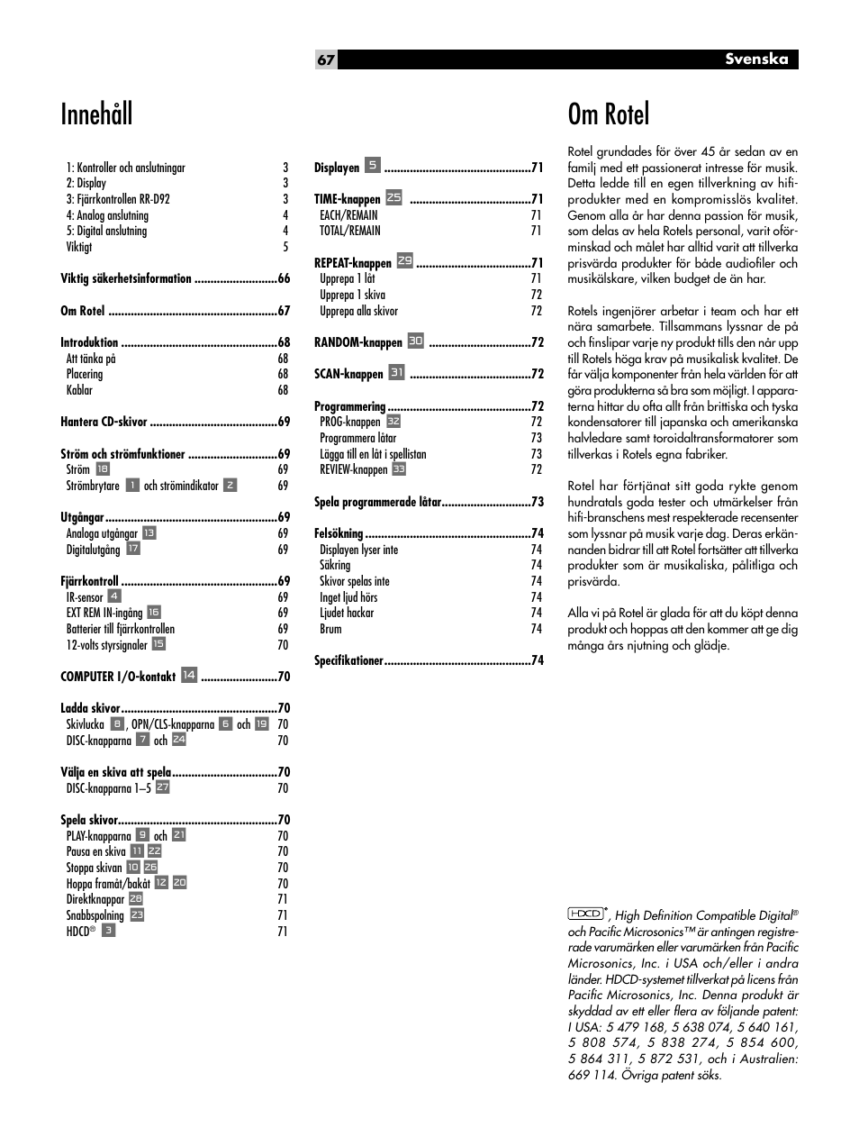 Om rotel, Innehåll | ROTEL CD Multi-Disc Changer RCC-1055 User Manual | Page 67 / 86