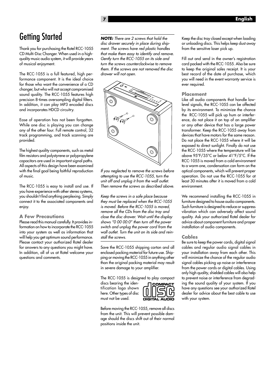 Getting started, A few precautions, Placement | Cables | ROTEL CD Multi-Disc Changer RCC-1055 User Manual | Page 7 / 86