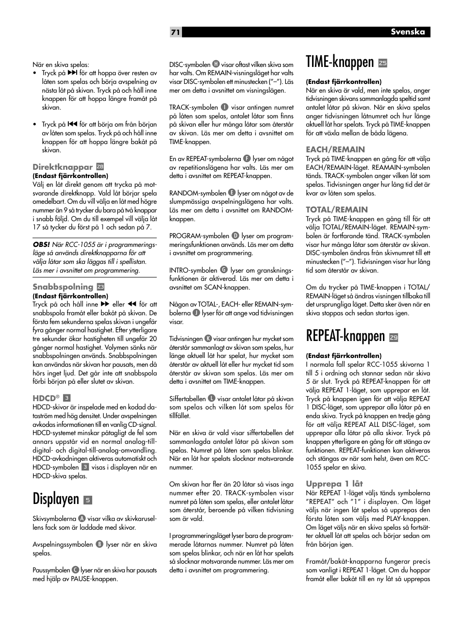 Snabbspolning, Hdcd, Displayen | Time-knappen, Each/remain, Total/remain, Repeat-knappen, Upprepa 1 låt | ROTEL CD Multi-Disc Changer RCC-1055 User Manual | Page 71 / 86