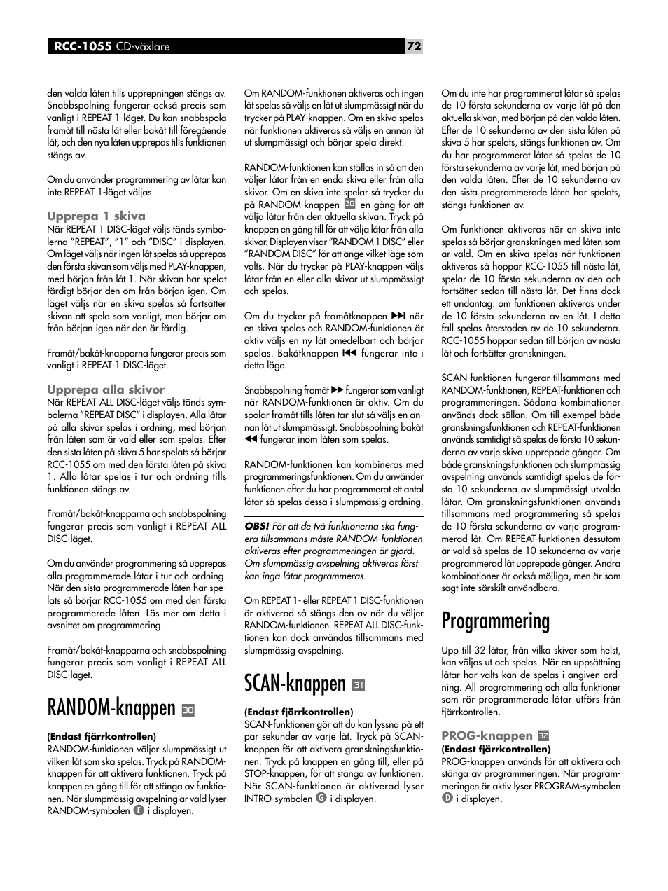 Upprepa 1 skiva, Upprepa alla skivor, Random-knappen | Scan-knappen, Programmering, Prog-knappen, Programmera låtar | ROTEL CD Multi-Disc Changer RCC-1055 User Manual | Page 72 / 86