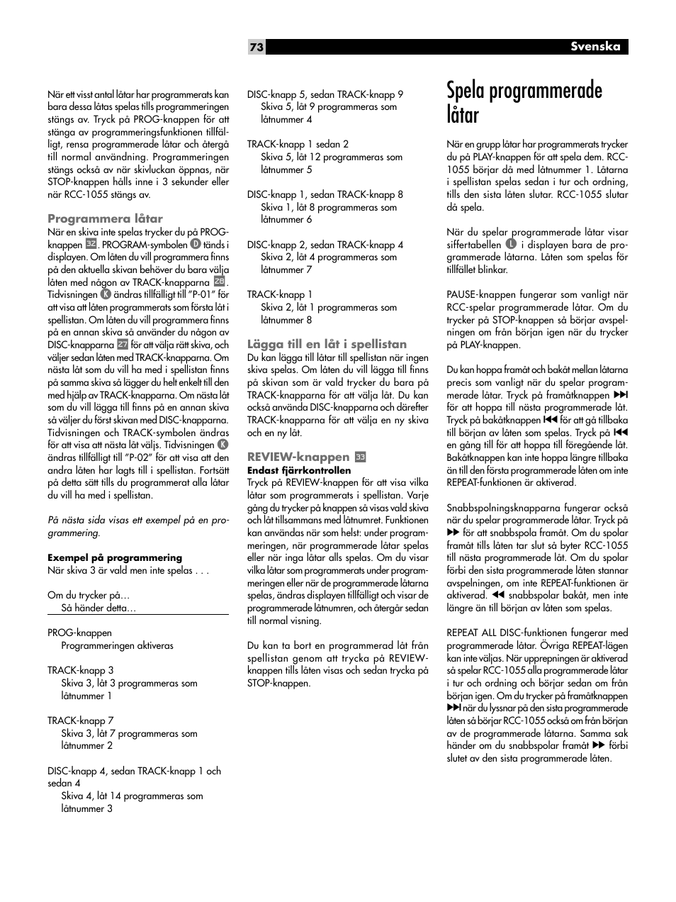 Lägga till en låt i spellistan, Review-knappen, Spela programmerade låtar | ROTEL CD Multi-Disc Changer RCC-1055 User Manual | Page 73 / 86