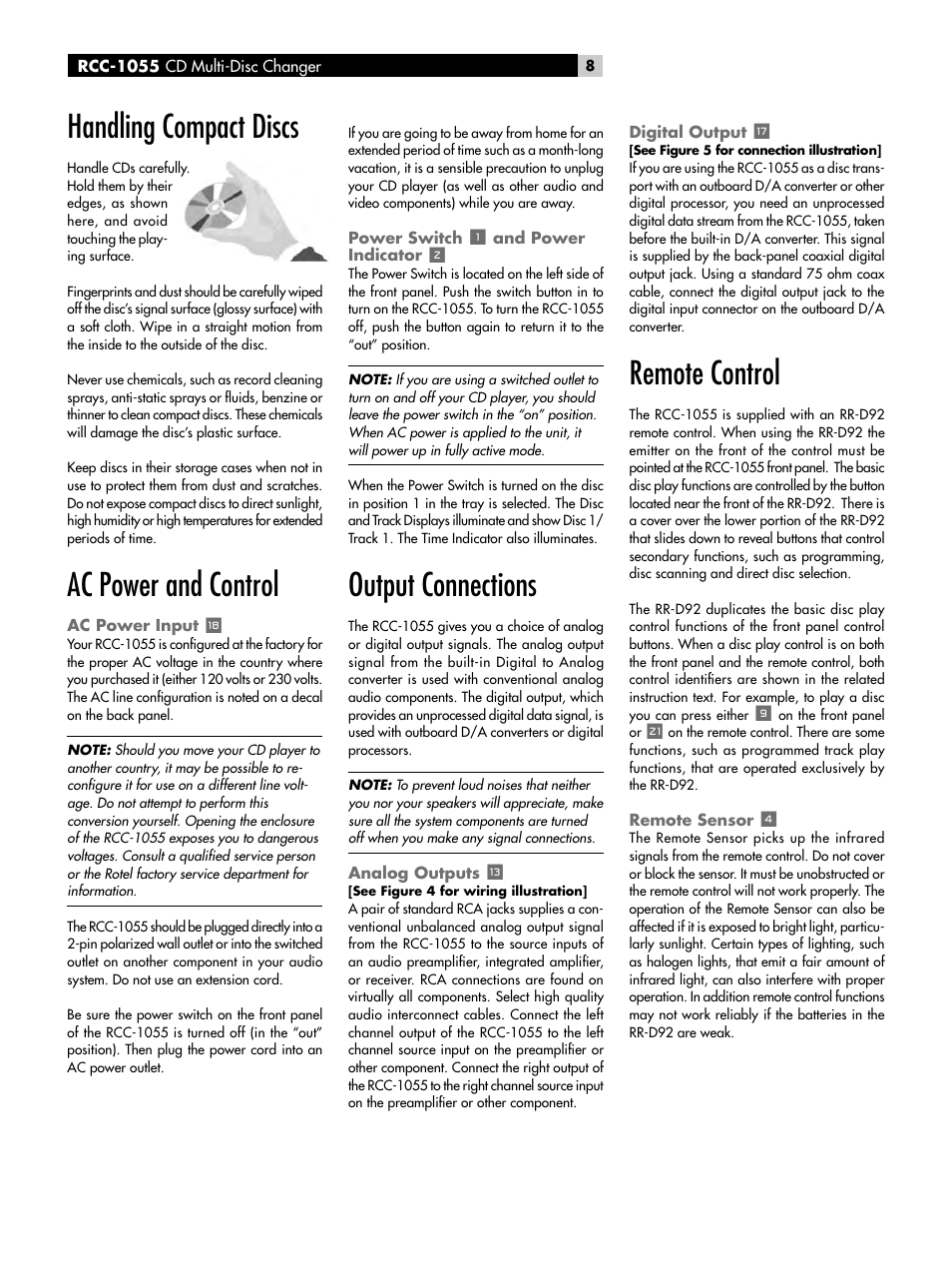 Handling compact discs, Ac power and control, Ac power input | Power switch, And power indicator, Output connections, Analog outputs, Digital output, Remote control, Remote sensor | ROTEL CD Multi-Disc Changer RCC-1055 User Manual | Page 8 / 86