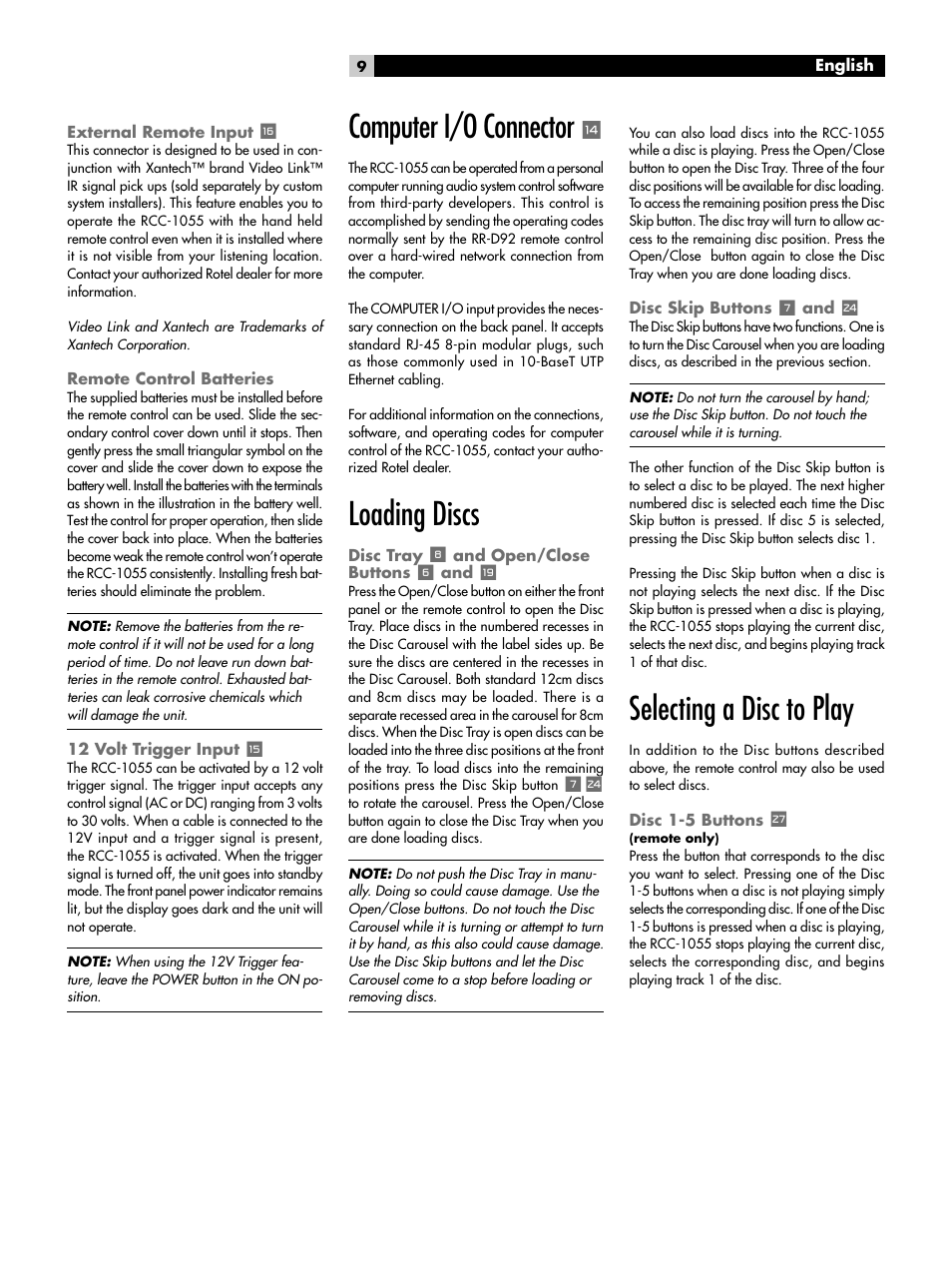 Remote control batteries, 12 volt trigger input, Computer i/o connector | Loading discs, Disc tray, And open/close buttons, Disc skip buttons, Selecting a disc to play, Disc 1-5 buttons | ROTEL CD Multi-Disc Changer RCC-1055 User Manual | Page 9 / 86