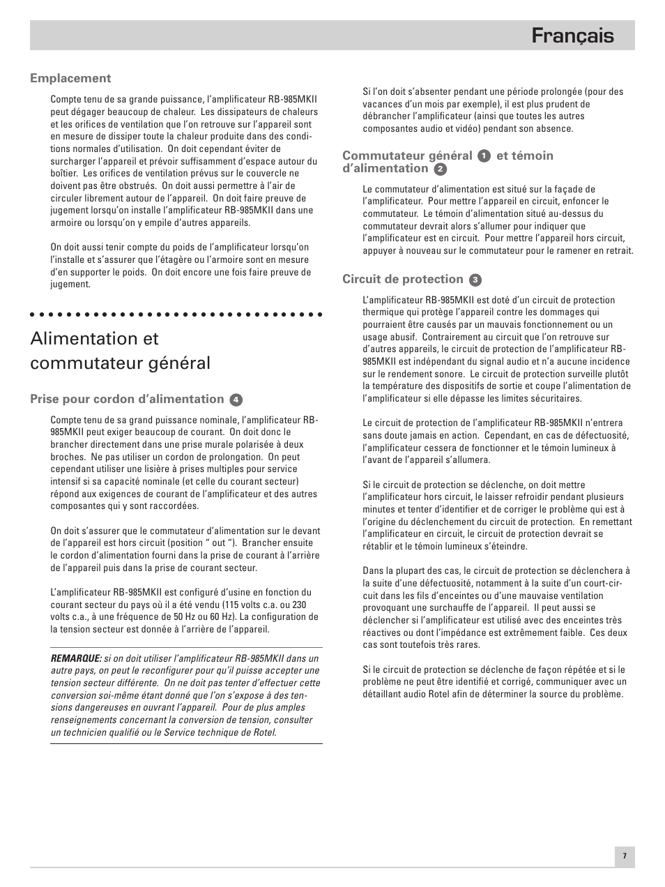 Français, Alimentation et commutateur général | ROTEL Five Channel Power Amplifier RB-985 MKII User Manual | Page 11 / 30