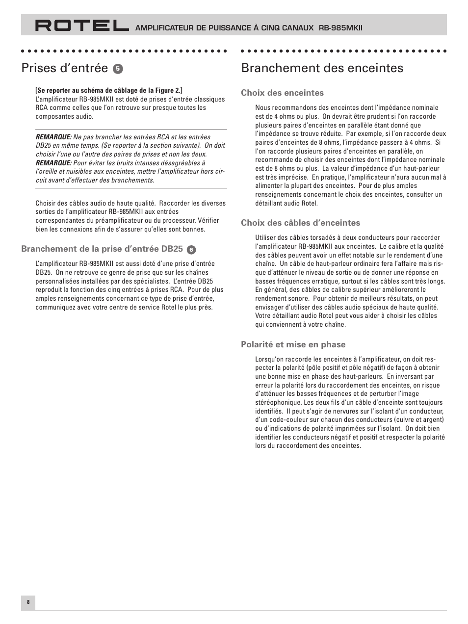 Prises d’entrée, Branchement des enceintes | ROTEL Five Channel Power Amplifier RB-985 MKII User Manual | Page 12 / 30