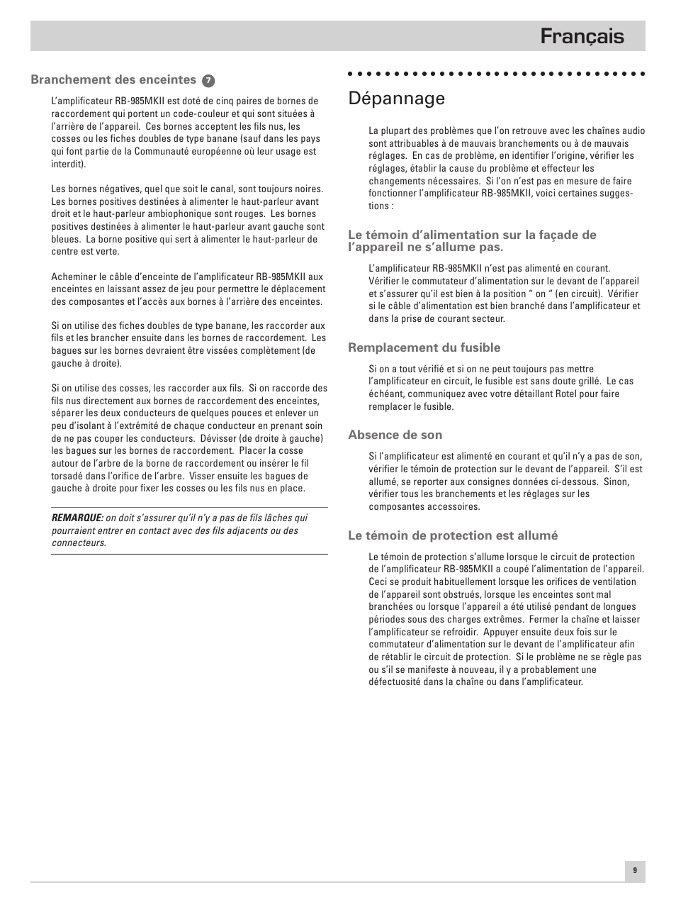 Français, Dépannage | ROTEL Five Channel Power Amplifier RB-985 MKII User Manual | Page 13 / 30