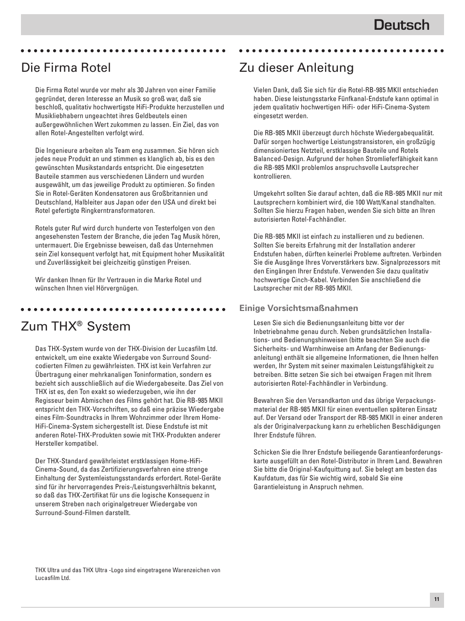 Deutsch, Die firma rotel, Zum thx | System, Zu dieser anleitung | ROTEL Five Channel Power Amplifier RB-985 MKII User Manual | Page 15 / 30