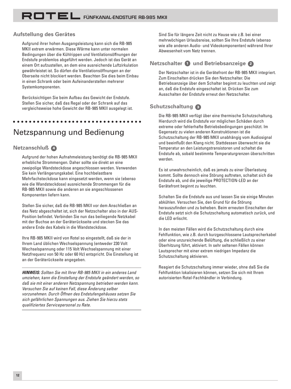 Netzspannung und bedienung | ROTEL Five Channel Power Amplifier RB-985 MKII User Manual | Page 16 / 30