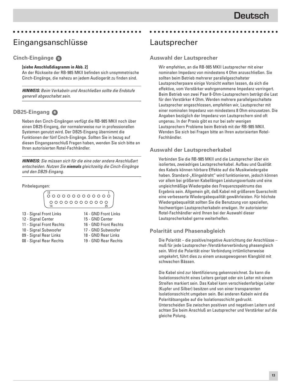 Deutsch, Eingangsanschlüsse, Lautsprecher | ROTEL Five Channel Power Amplifier RB-985 MKII User Manual | Page 17 / 30