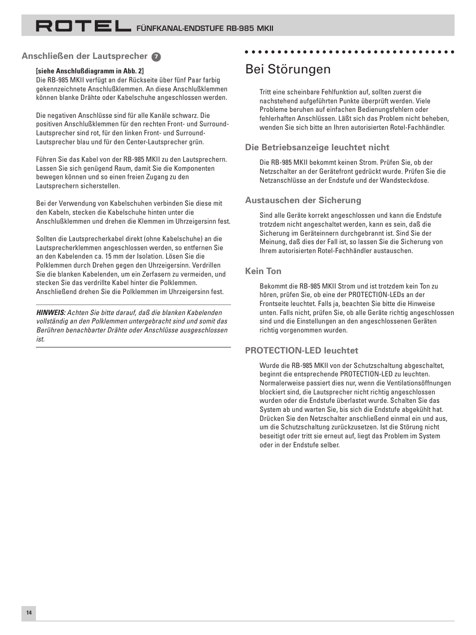 Bei störungen | ROTEL Five Channel Power Amplifier RB-985 MKII User Manual | Page 18 / 30