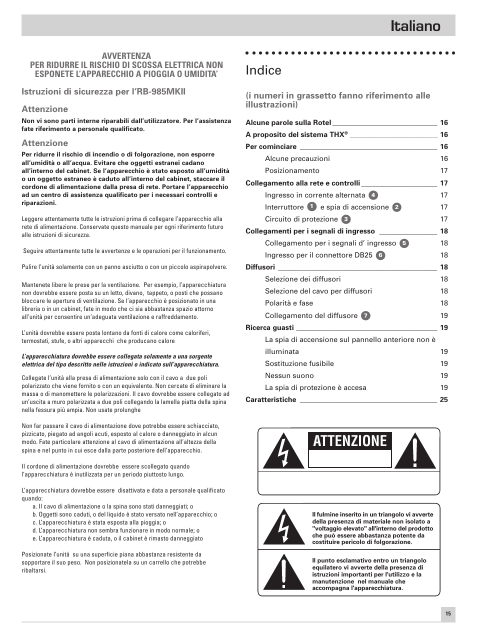 Italiano, Attenzione, Indice | ROTEL Five Channel Power Amplifier RB-985 MKII User Manual | Page 19 / 30