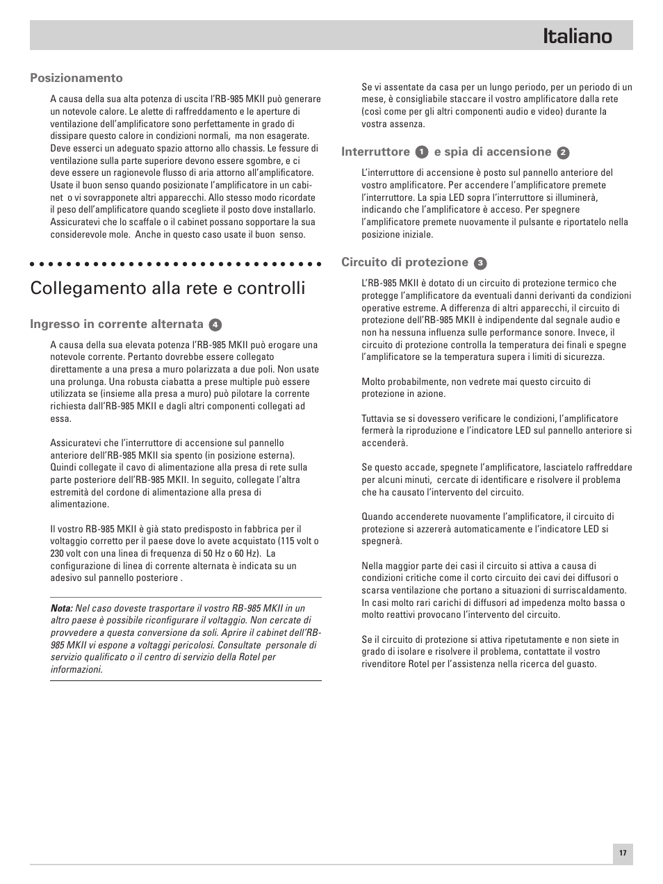 Italiano, Collegamento alla rete e controlli | ROTEL Five Channel Power Amplifier RB-985 MKII User Manual | Page 21 / 30