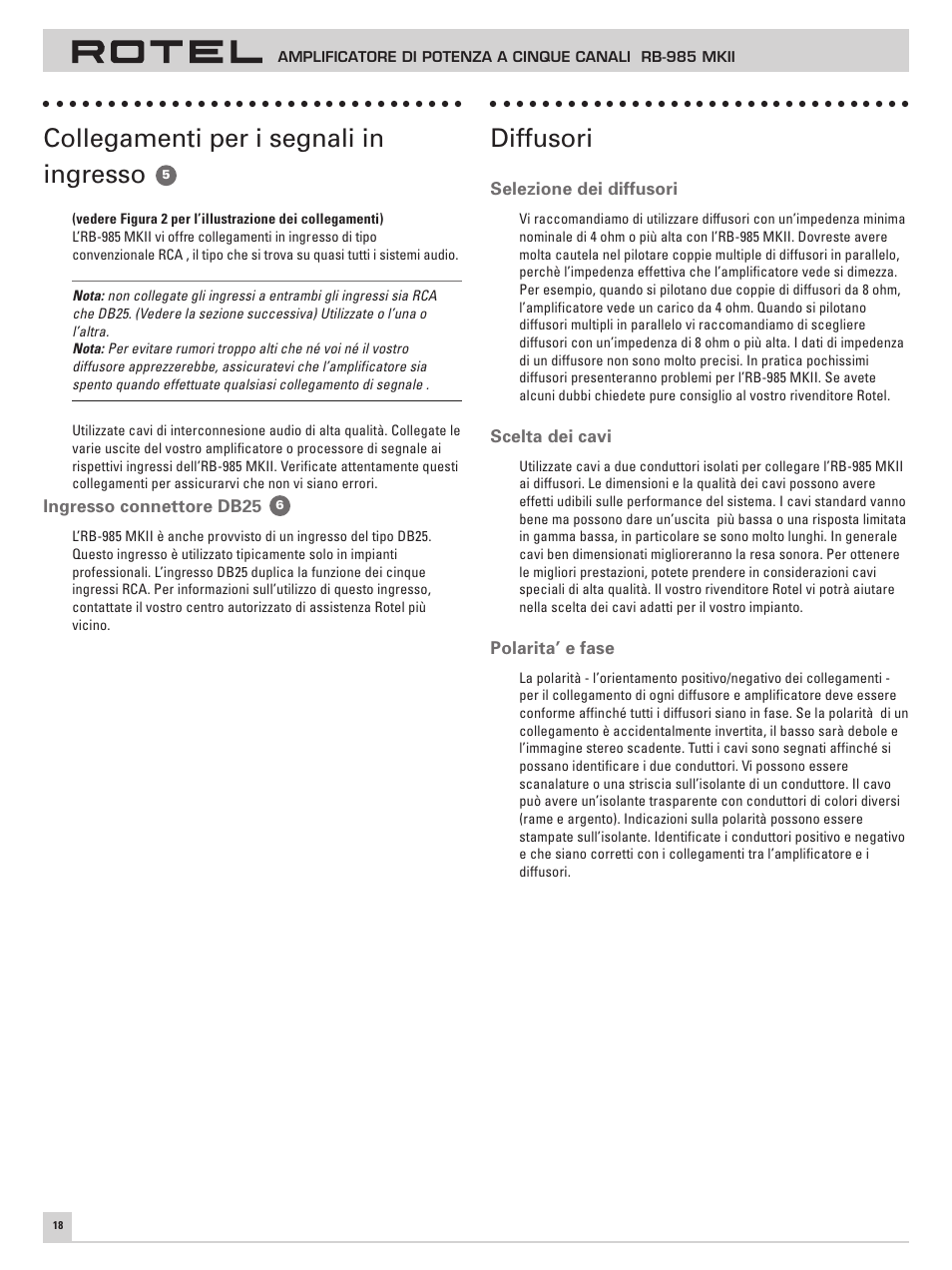 Collegamenti per i segnali in ingresso, Diffusori | ROTEL Five Channel Power Amplifier RB-985 MKII User Manual | Page 22 / 30