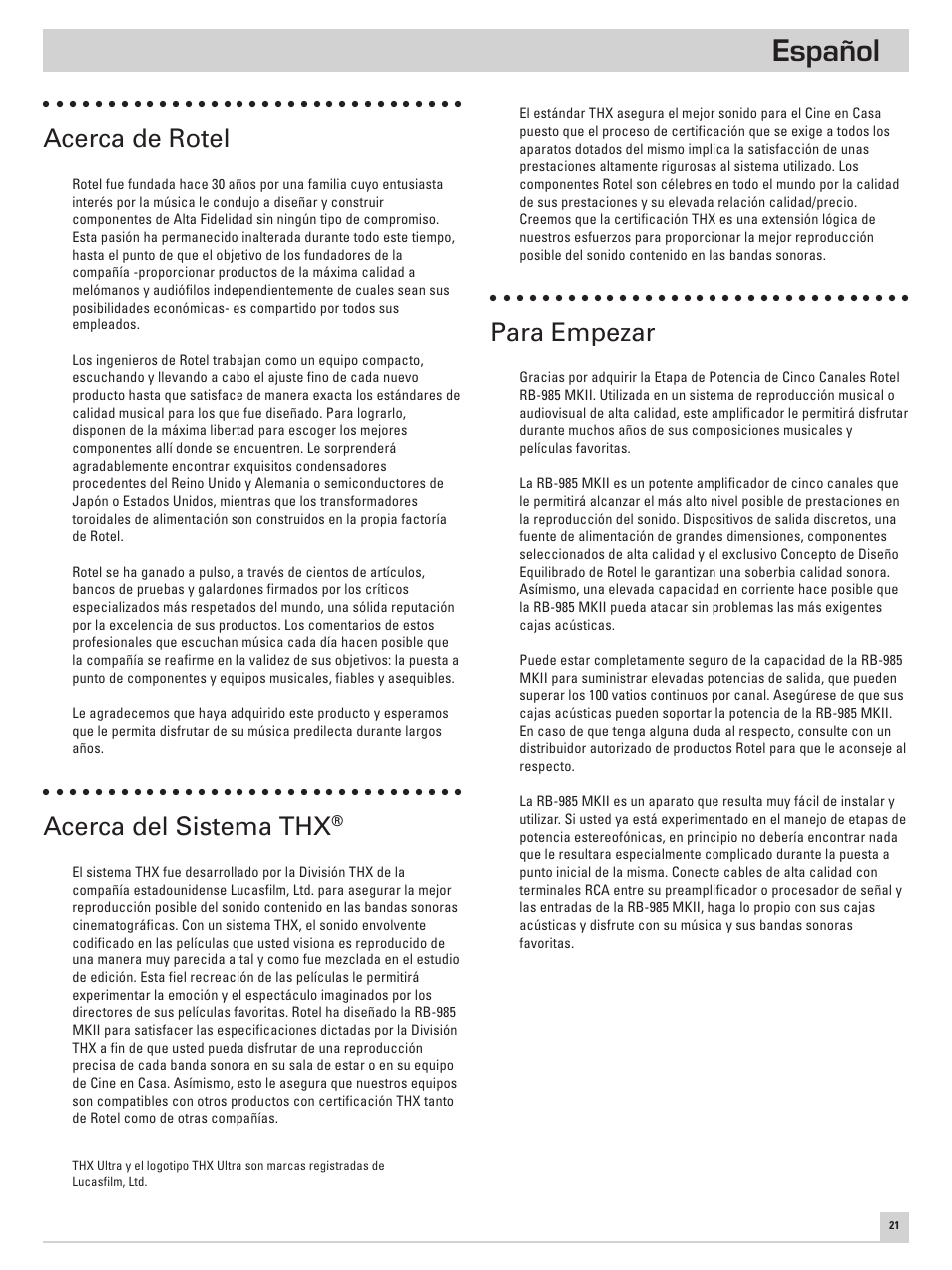 Español, Acerca de rotel, Acerca del sistema thx | Para empezar | ROTEL Five Channel Power Amplifier RB-985 MKII User Manual | Page 25 / 30