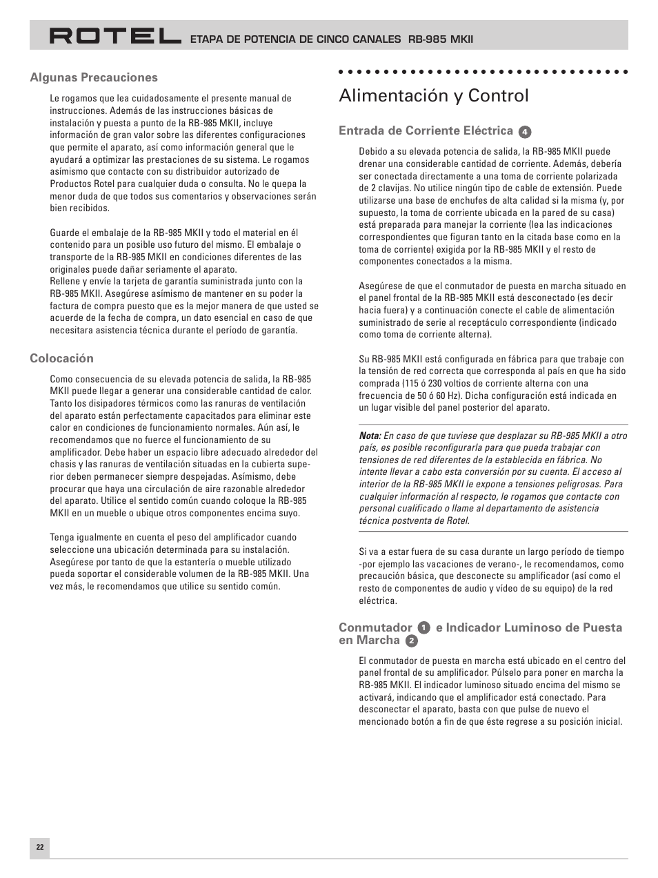 Alimentación y control | ROTEL Five Channel Power Amplifier RB-985 MKII User Manual | Page 26 / 30