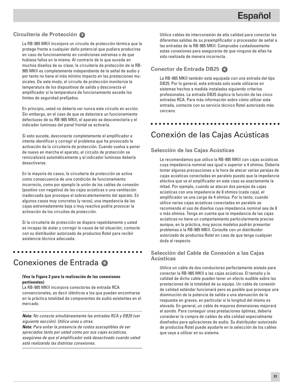 Español, Conexiones de entrada, Conexión de las cajas acústicas | ROTEL Five Channel Power Amplifier RB-985 MKII User Manual | Page 27 / 30