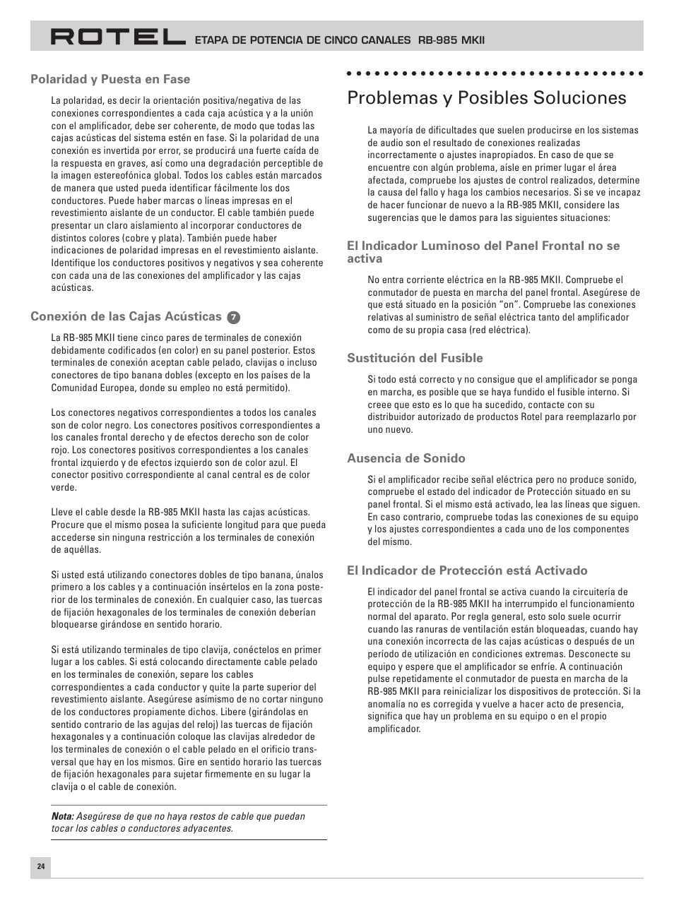 Problemas y posibles soluciones | ROTEL Five Channel Power Amplifier RB-985 MKII User Manual | Page 28 / 30