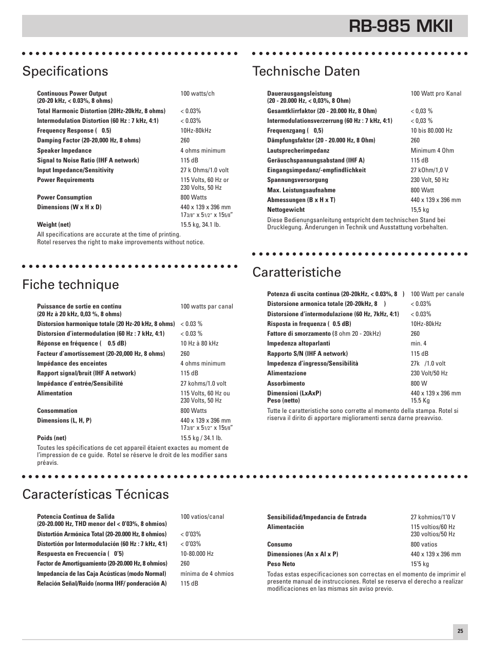 Rb-985 mkii, Specifications, Fiche technique | Technische daten, Caratteristiche, Características técnicas | ROTEL Five Channel Power Amplifier RB-985 MKII User Manual | Page 29 / 30