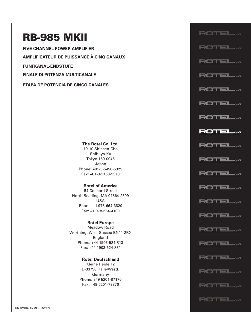 Rb-985 mkii | ROTEL Five Channel Power Amplifier RB-985 MKII User Manual | Page 30 / 30