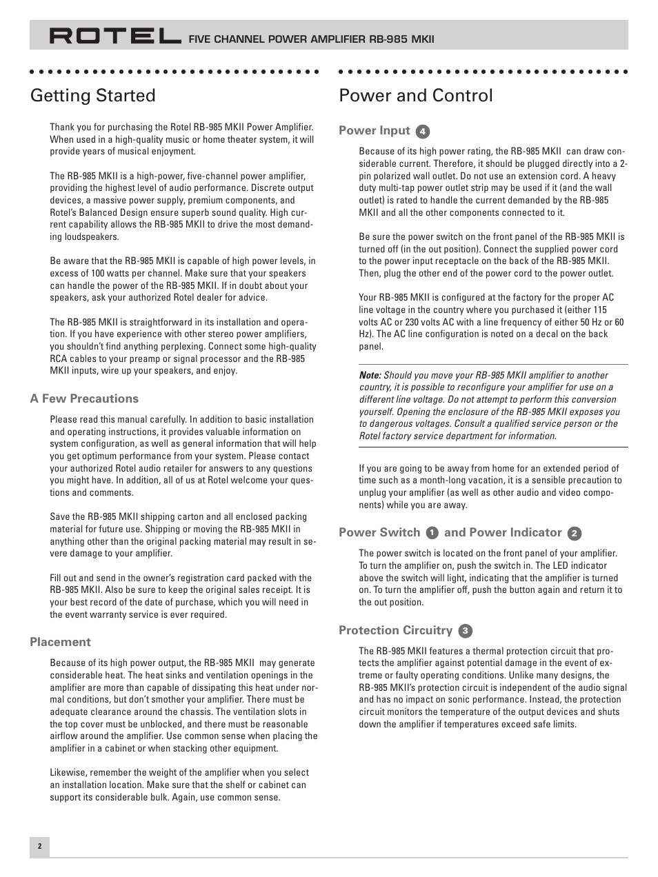 Getting started, Power and control | ROTEL Five Channel Power Amplifier RB-985 MKII User Manual | Page 6 / 30