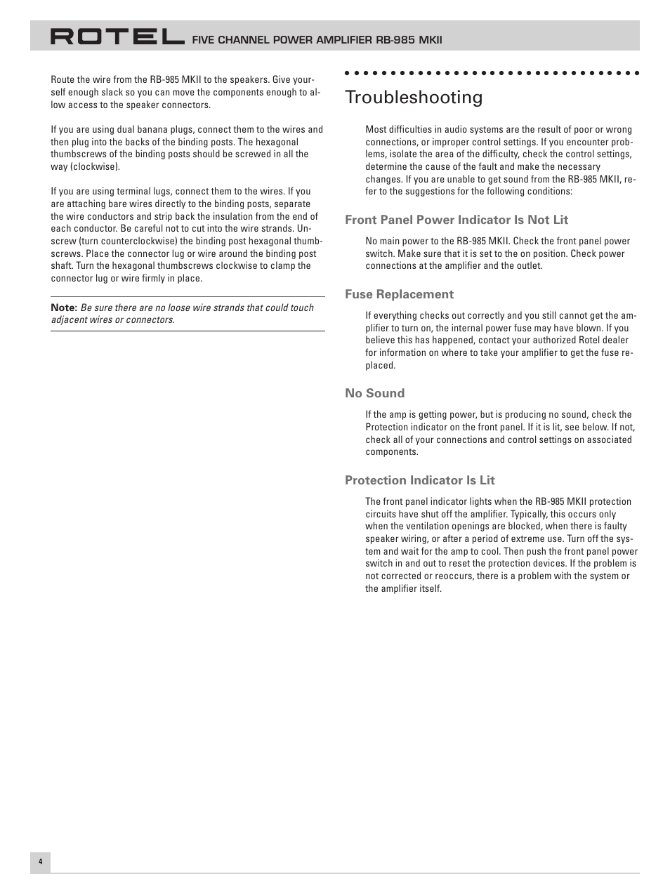 Troubleshooting | ROTEL Five Channel Power Amplifier RB-985 MKII User Manual | Page 8 / 30