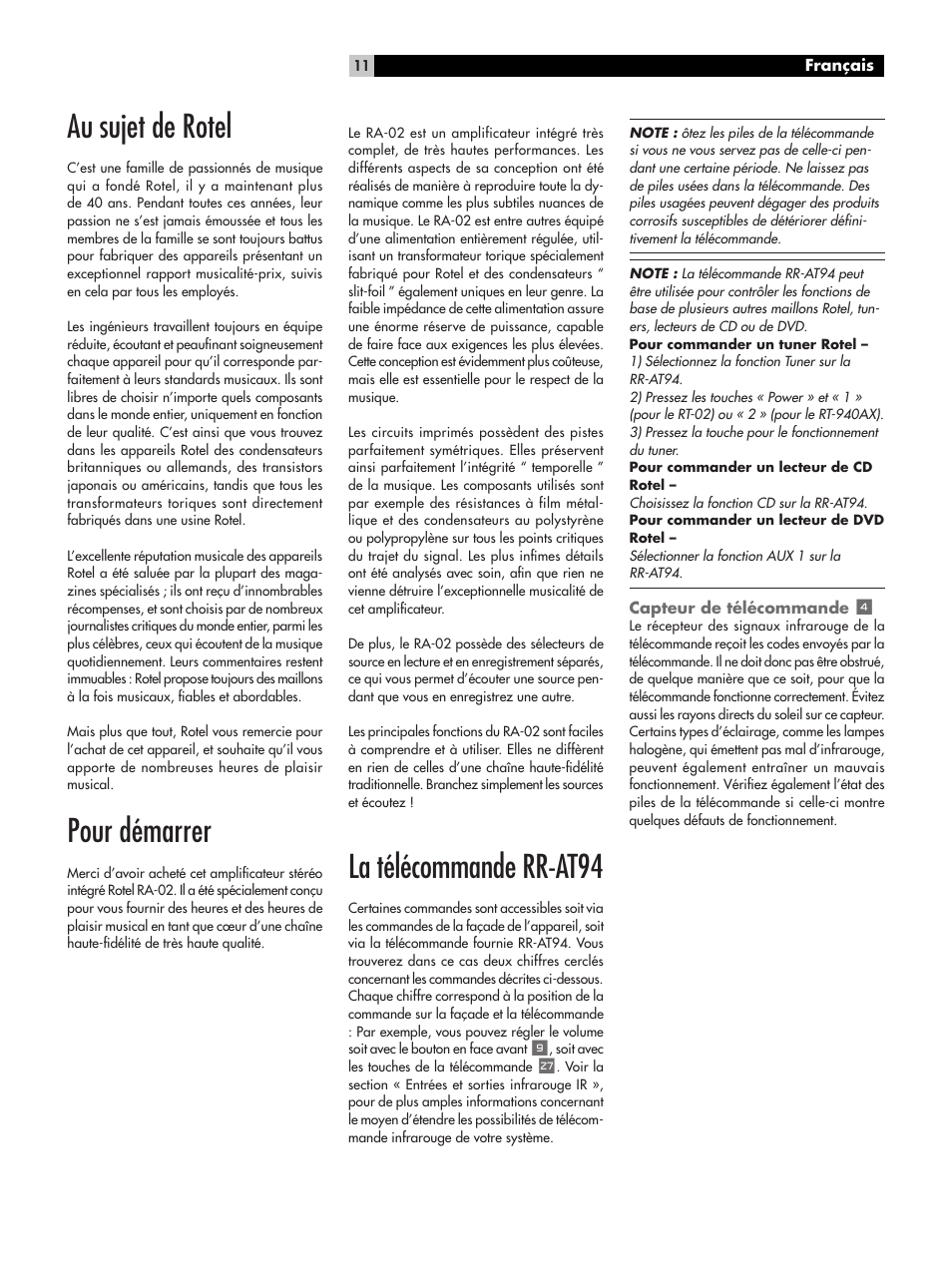 Au sujet de rotel, Pour démarrer, La télécommande rr-at94 | ROTEL RA-02 User Manual | Page 11 / 46