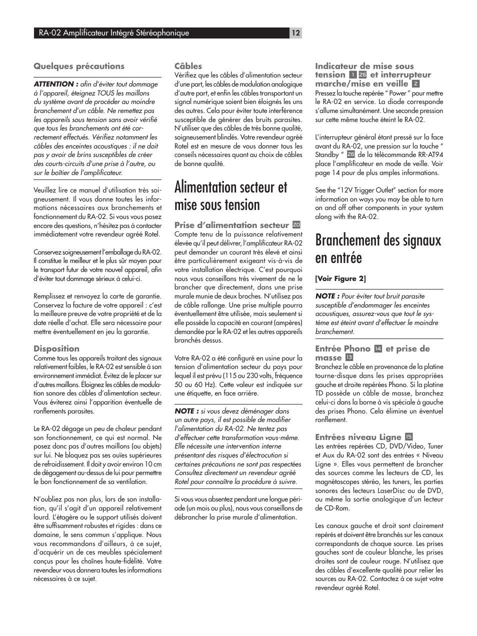 Alimentation secteur et mise sous tension, Branchement des signaux en entrée | ROTEL RA-02 User Manual | Page 12 / 46