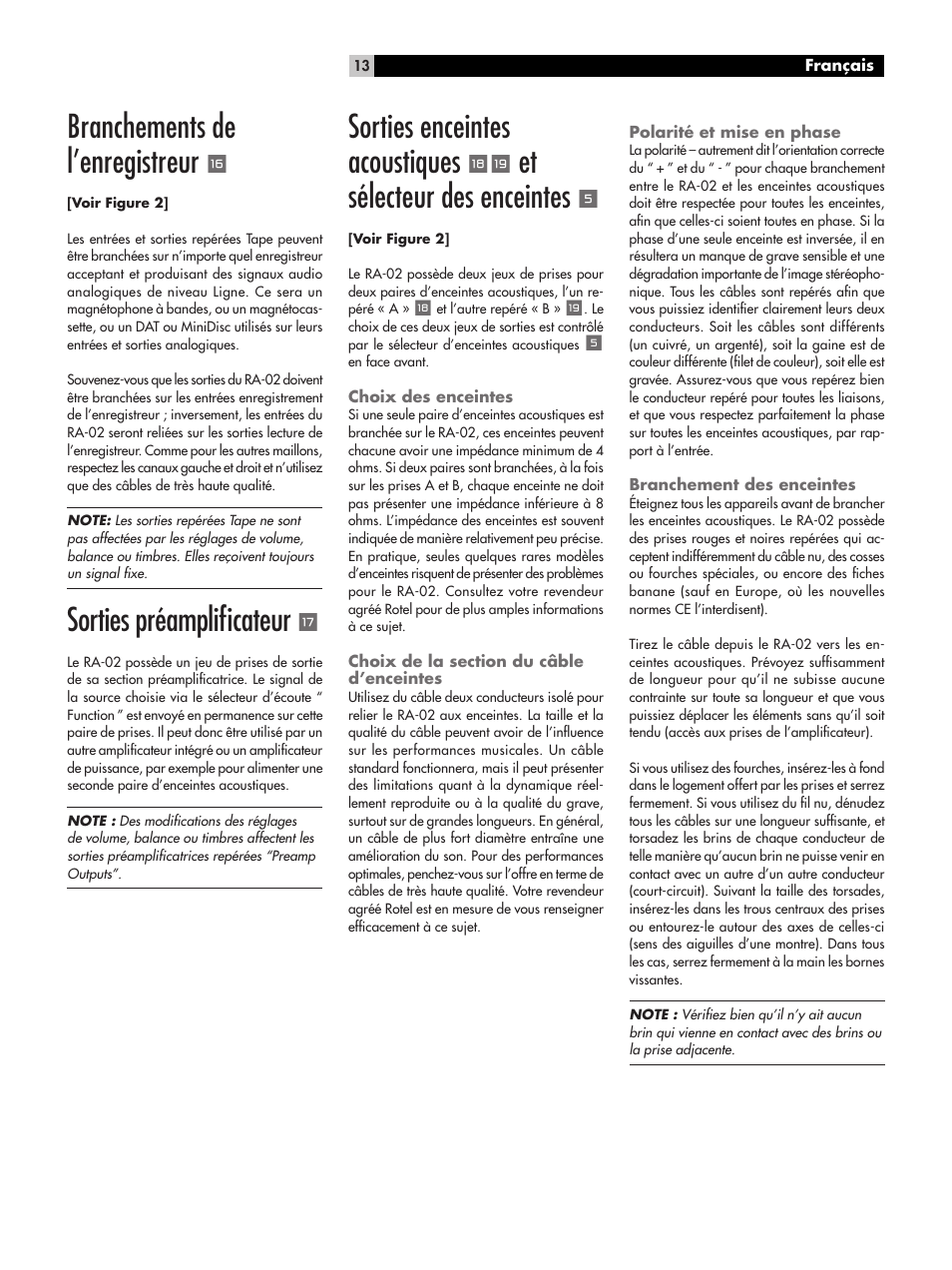 Branchements de l’enregistreur, Sorties préampliﬁcateur, Sorties enceintes acoustiques | Et sélecteur des enceintes | ROTEL RA-02 User Manual | Page 13 / 46